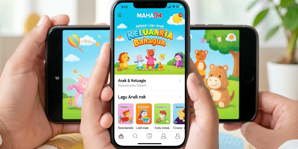 Tampilan antarmuka aplikasi MAHA24 dengan berbagai lagu anak.
