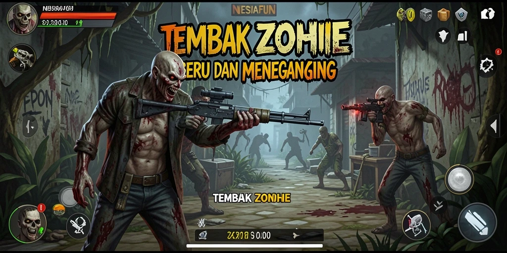 Tampilan antarmuka permainan <strong>NESIAFUN</strong> yang penuh aksi saat menembak zombie.